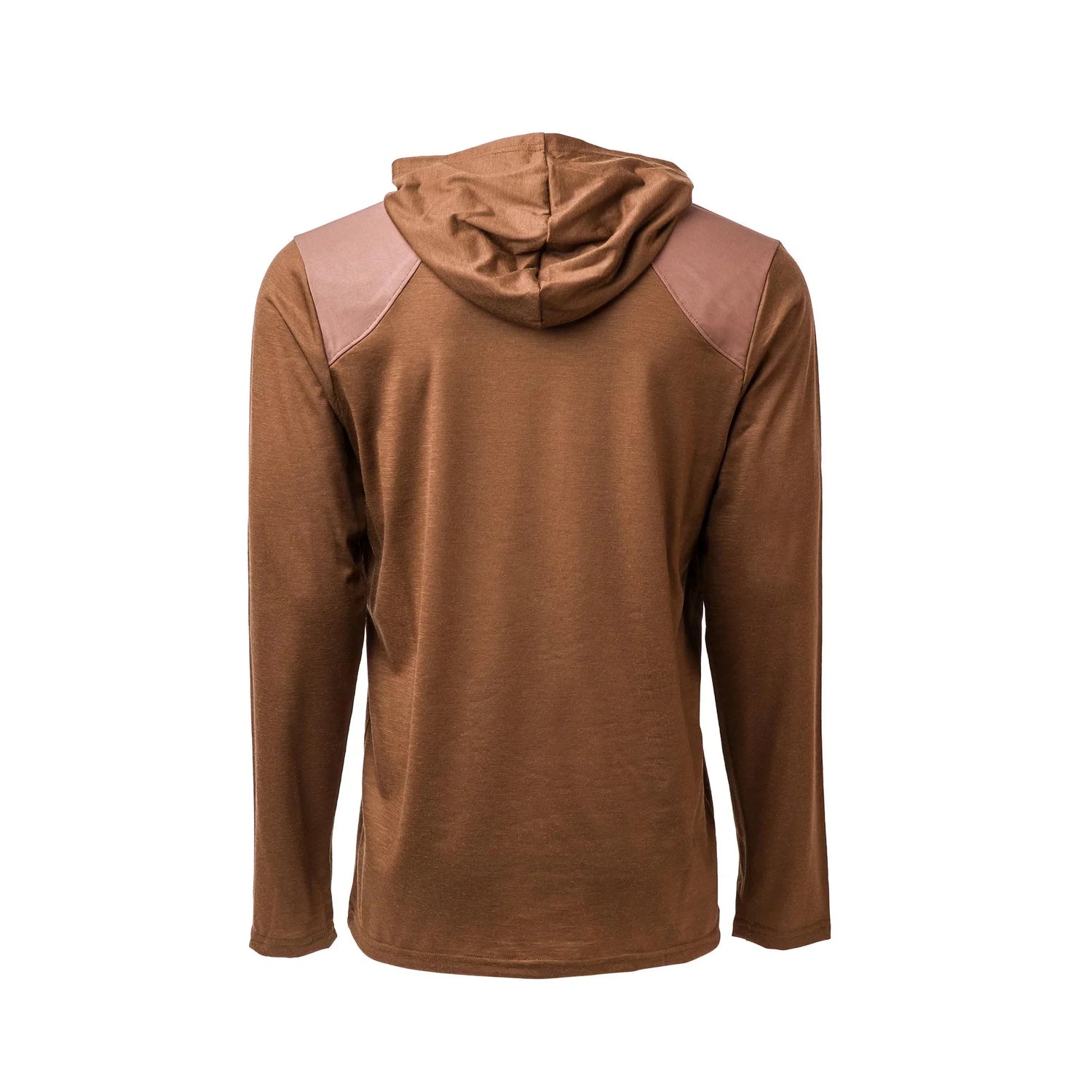 GORUCK brown Merino wool hoodie with reinforced shoulders, back view, size L