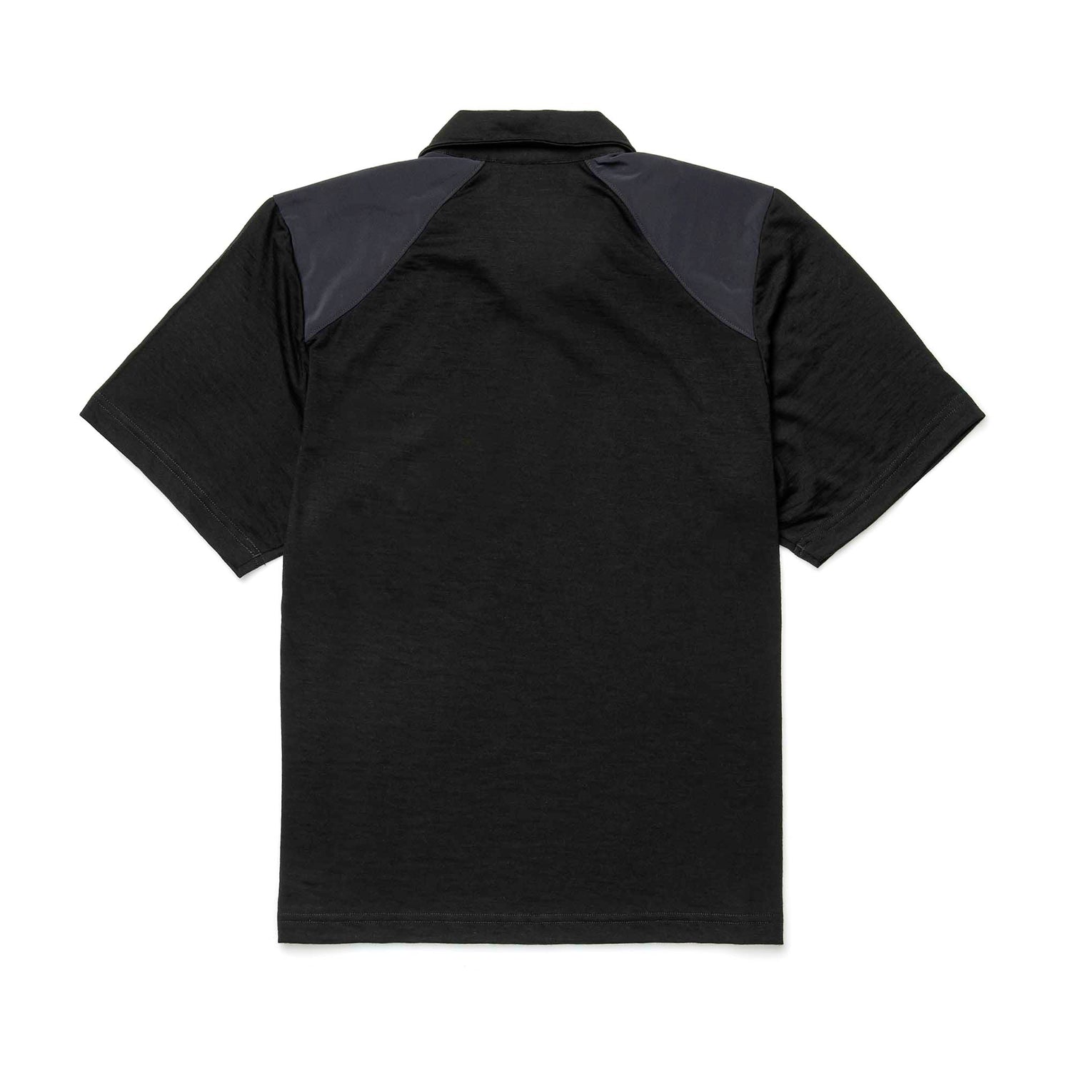 Back view of the Men's Commando Polo - Merino Wool in black, featuring moisture-wicking fabric and dark gray shoulder panels.