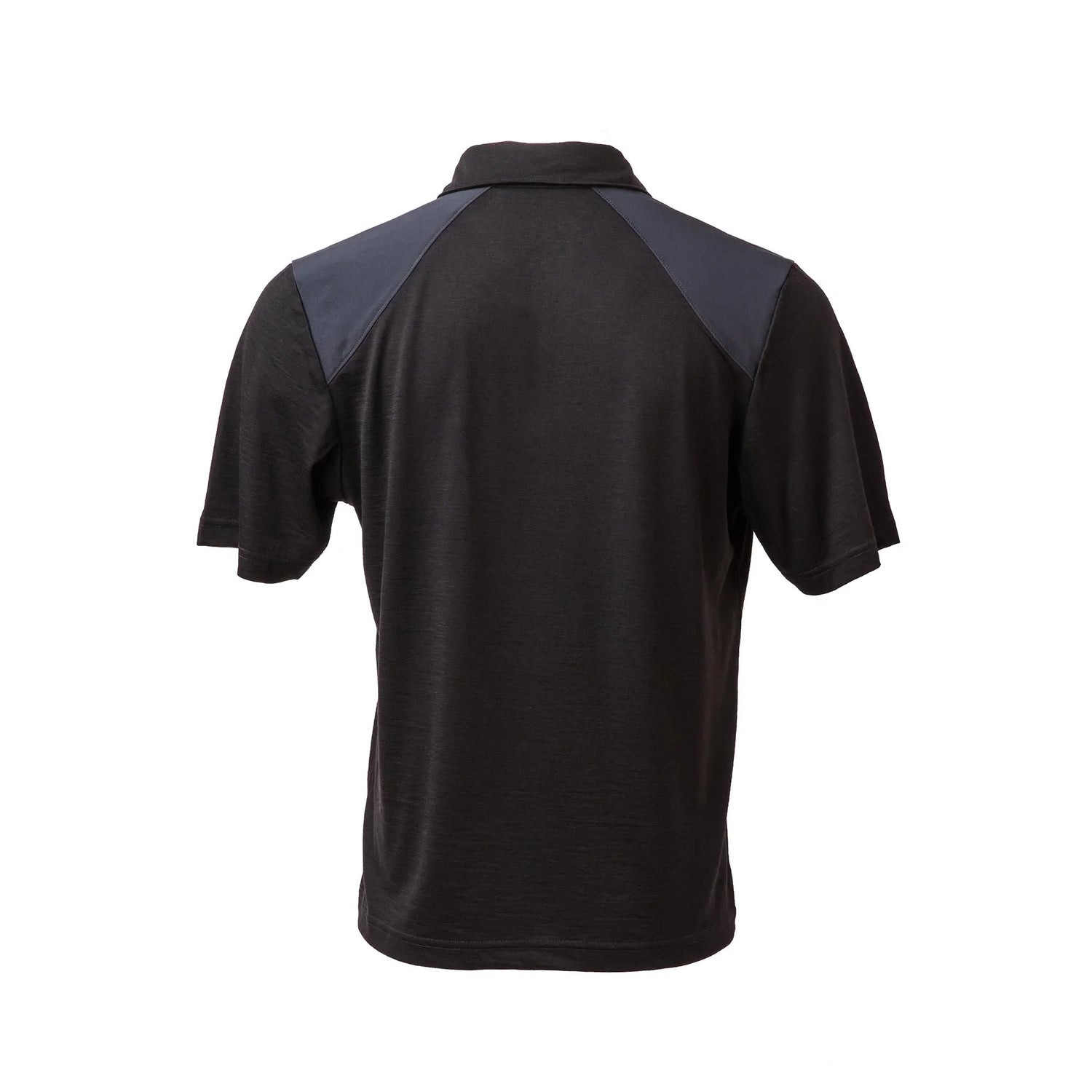 GORUCK Merino black polo shirt, short sleeves, back view, with dark gray shoulder panels