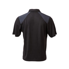 GORUCK Merino black polo shirt, short sleeves, back view, with dark gray shoulder panels