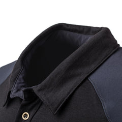 GORUCK Merino wool black polo shirt close-up, showing collar and button detail