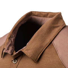 GORUCK Merino polo shirt in brown java color, close-up of collar and fabric details