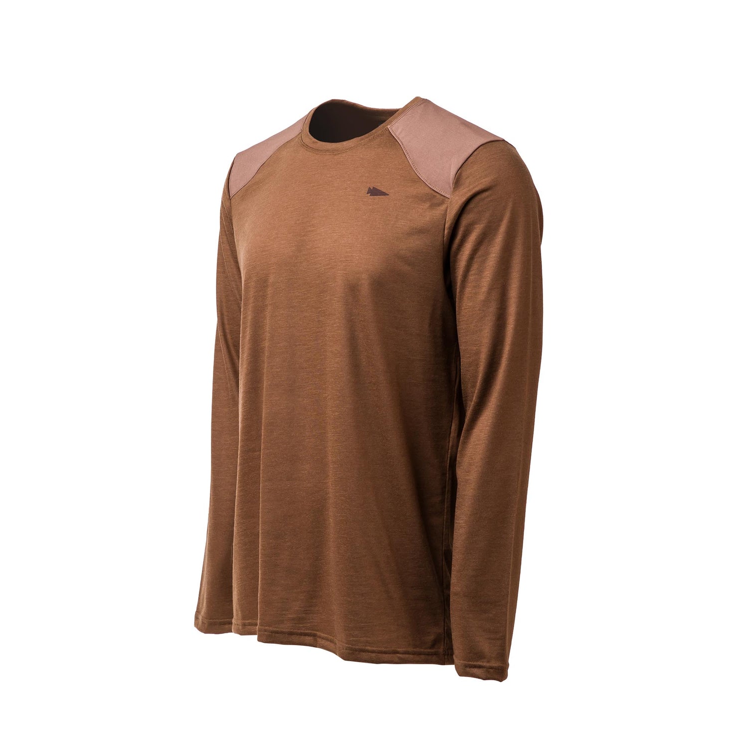 Men’s Commando Long Sleeve - Merino Wool sweater in brown, featuring tan reinforced shoulders, displayed on a white background.
