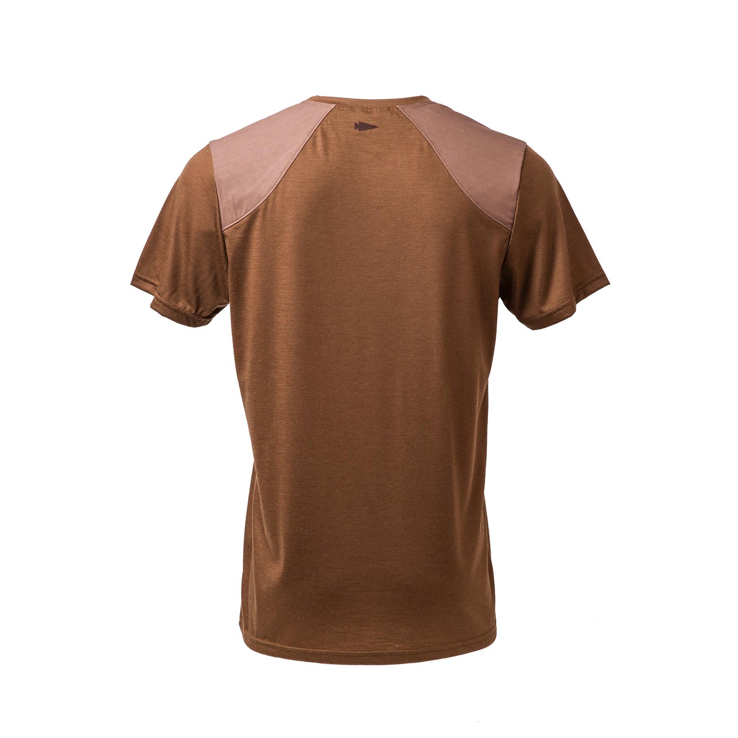 Men’s Commando Tee - Merino Wool in brown with lighter brown reinforced shoulder panels, shown from the back.