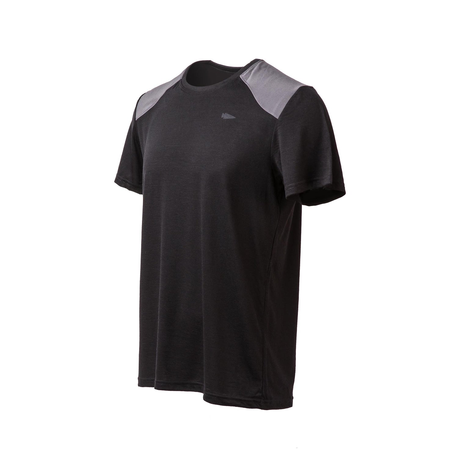 The Men’s Commando Tee - Merino Wool is a black short-sleeve shirt with reinforced gray shoulder panels, inspired by the classic Commando sweater and shown on a white background.