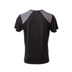 Back view of black short sleeve Merino wool shirt with charcoal gray shoulder panels, size large