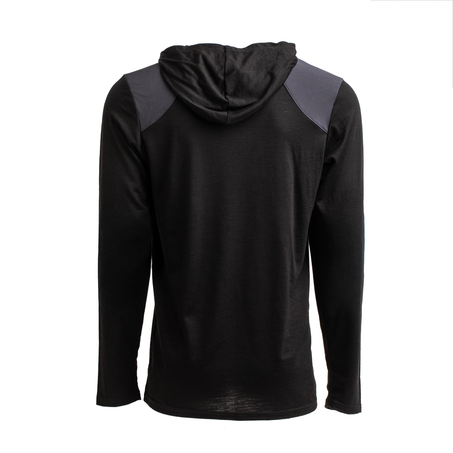 Men’s Commando Pullover - Merino Wool: black long-sleeve hoodie with dark gray shoulder panels, shown from the back.