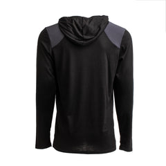 Men’s Commando Pullover - Merino Wool: black long-sleeve hoodie with dark gray shoulder panels, shown from the back.