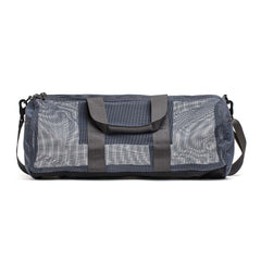 The Mesh Gym Bag is gray with mesh panels, features two handles, and includes an adjustable shoulder strap.