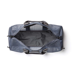 Top view of an open Mesh Gym Bag, gray with black handles and zipper, empty and placed on a white background.