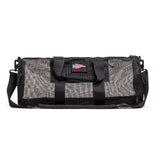 The Mesh Gym Bag is a classic black performance bag with handles, a shoulder strap, and an American flag patch.