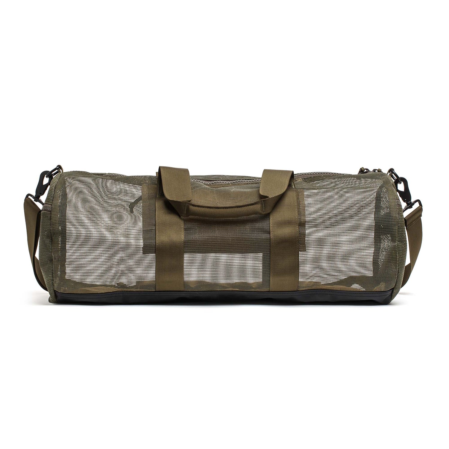 The Mesh Duffel Bag in olive green features breathable mesh sides for ventilation, top handles, and a detachable shoulder strap—ideal for storing wet gear or dirty shoes.