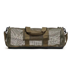 The Mesh Duffel Bag in olive green features breathable mesh sides for ventilation, top handles, and a detachable shoulder strap—ideal for storing wet gear or dirty shoes.