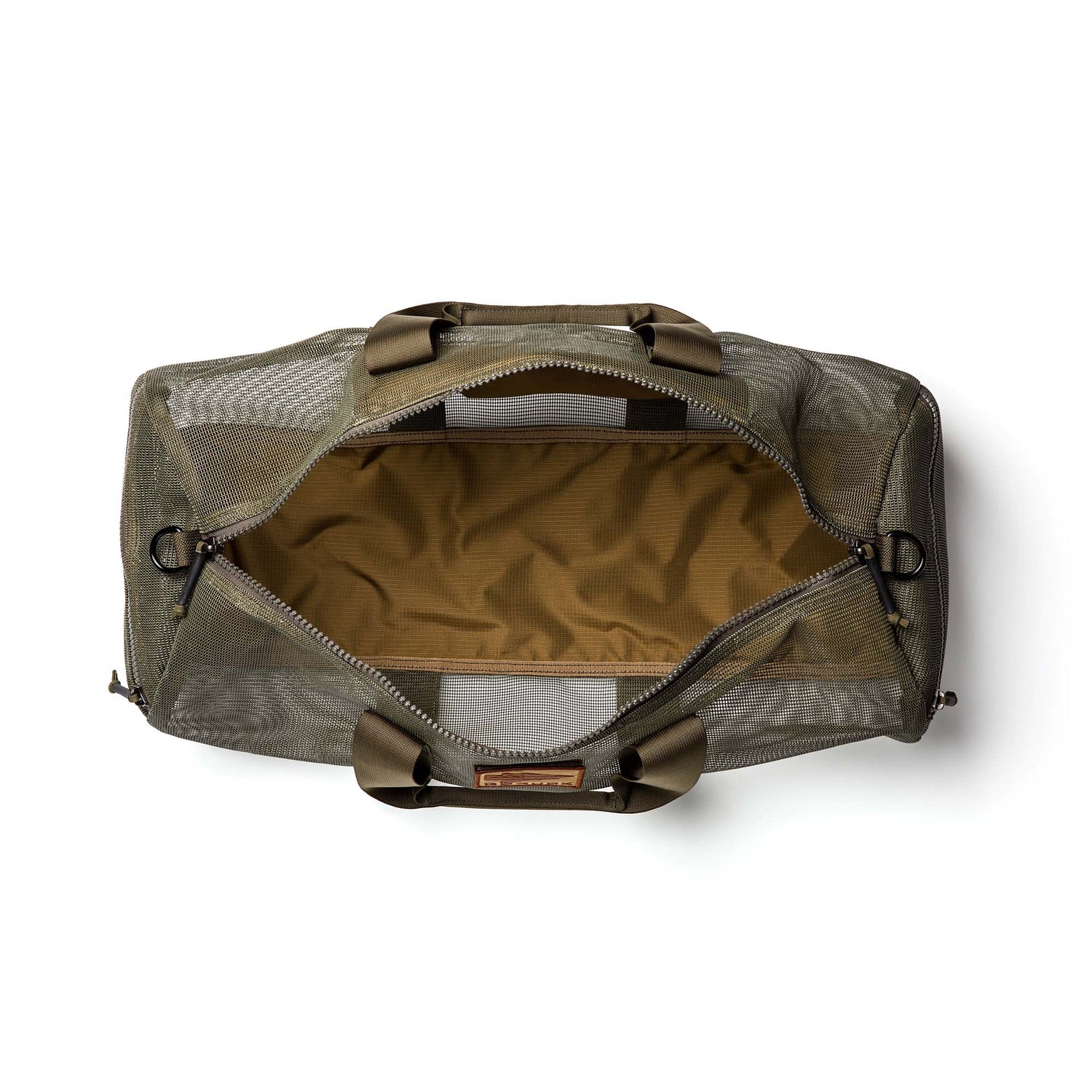 Top view of an open Mesh Gym Bag in olive green, featuring a tan interior and zipper closure.