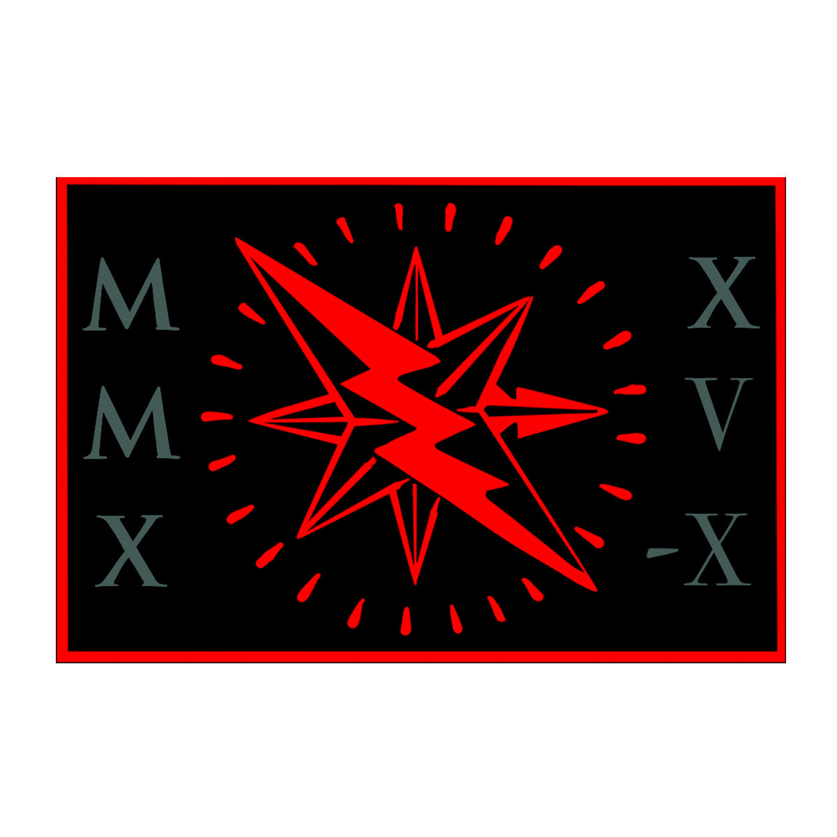 A red star with a lightning bolt, surrounded by Roman numerals MMX, XV, and -X on a black background.
