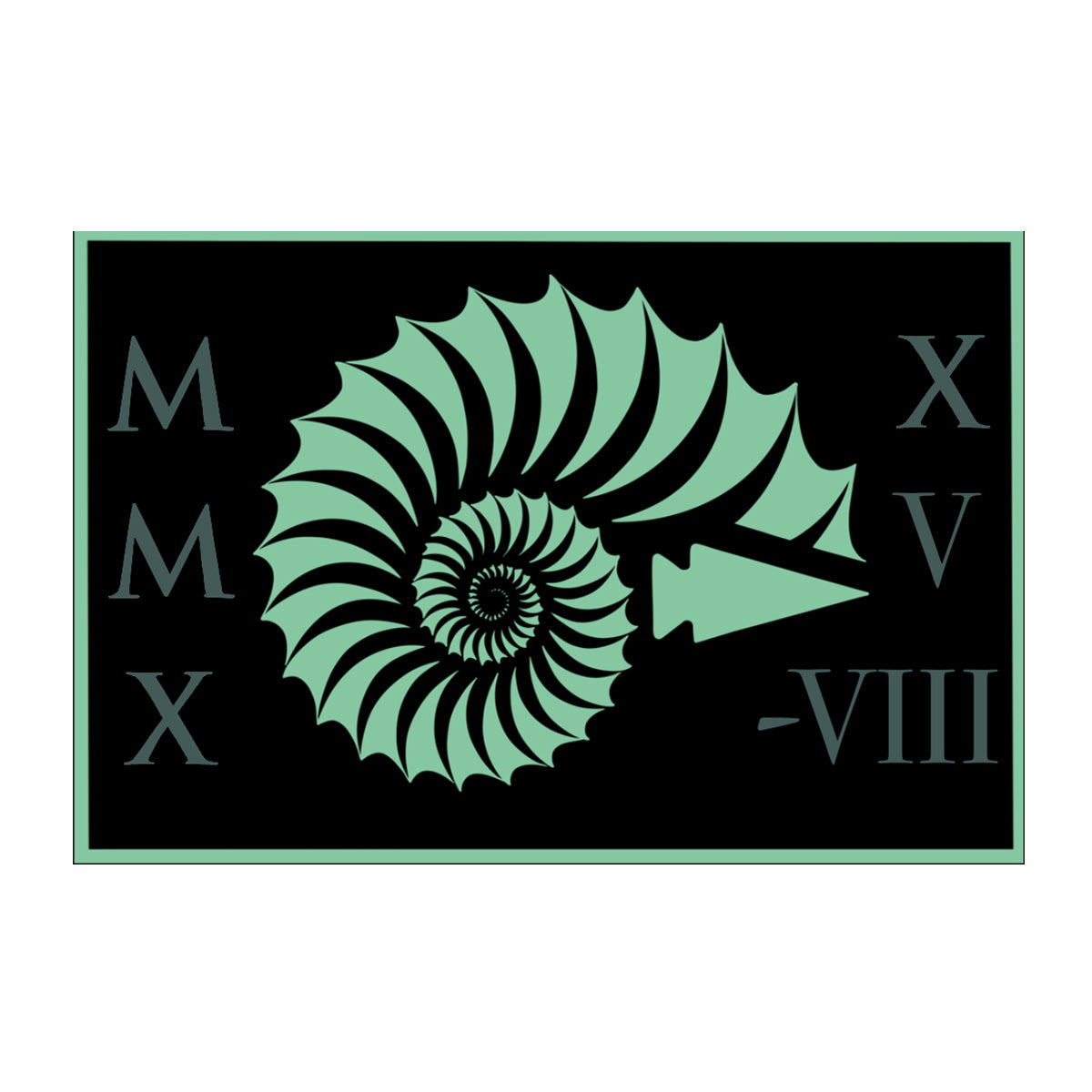 A green spiral shell with Roman numerals MMX, XV, and VIII on a black background.