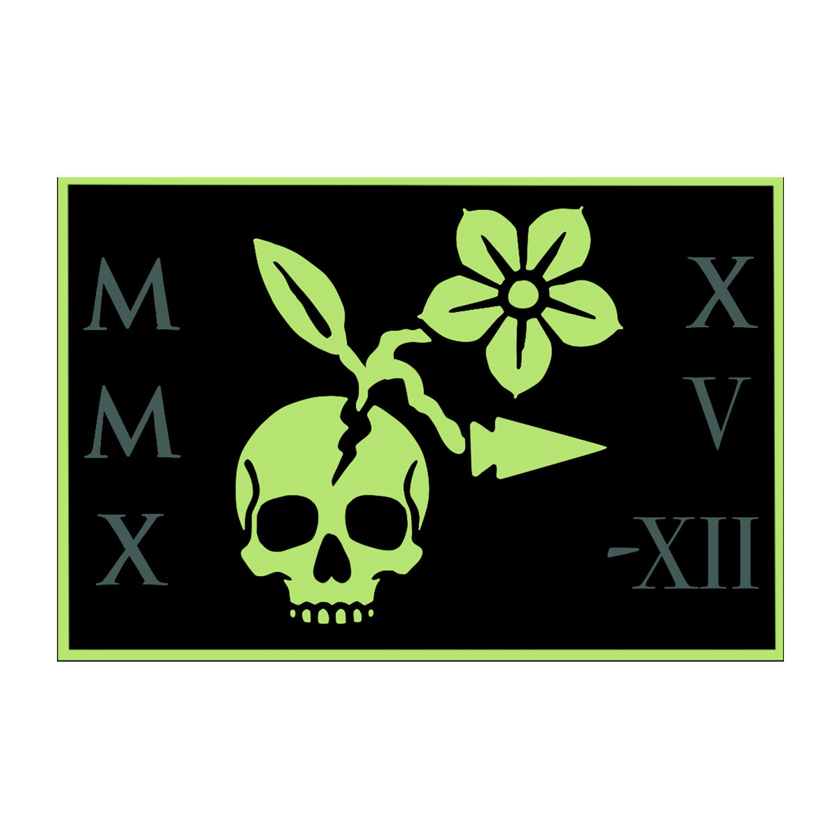 Tribe 'n Training features a green skull with a flower and arrow, encircled by Roman numerals on black—representing the strength and unity of the GORUCK Tribe’s daily training program and community.