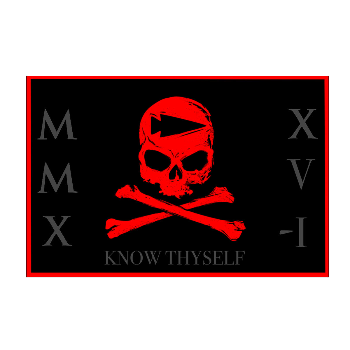 A red skull and crossbones with 