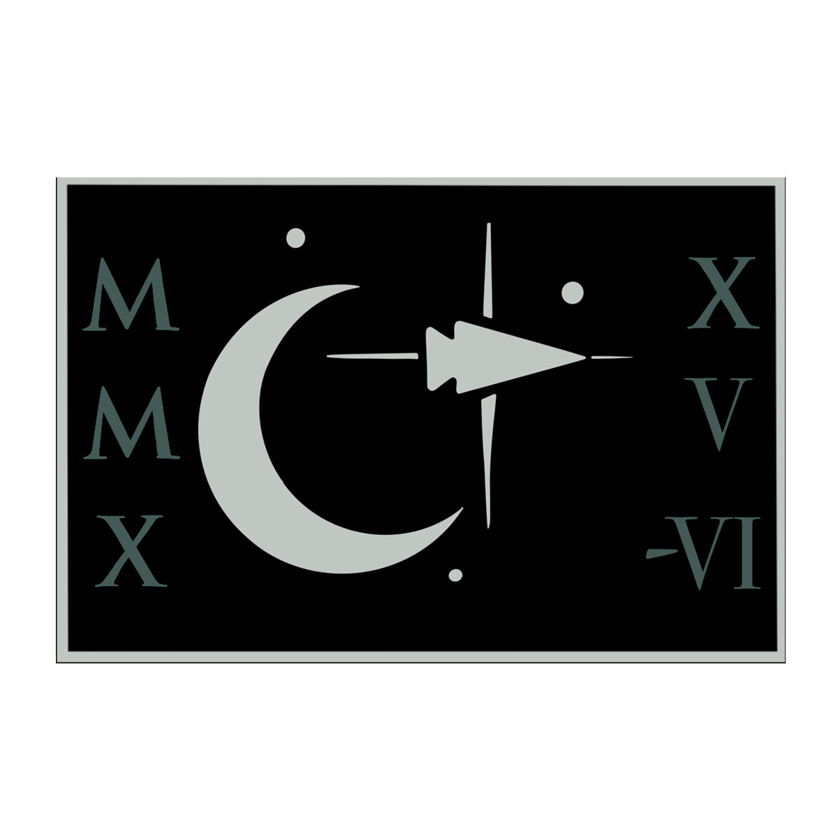 Black flag with a crescent moon, arrow, compass rose, dots, and Roman numerals “MMX” and “XVI.”.