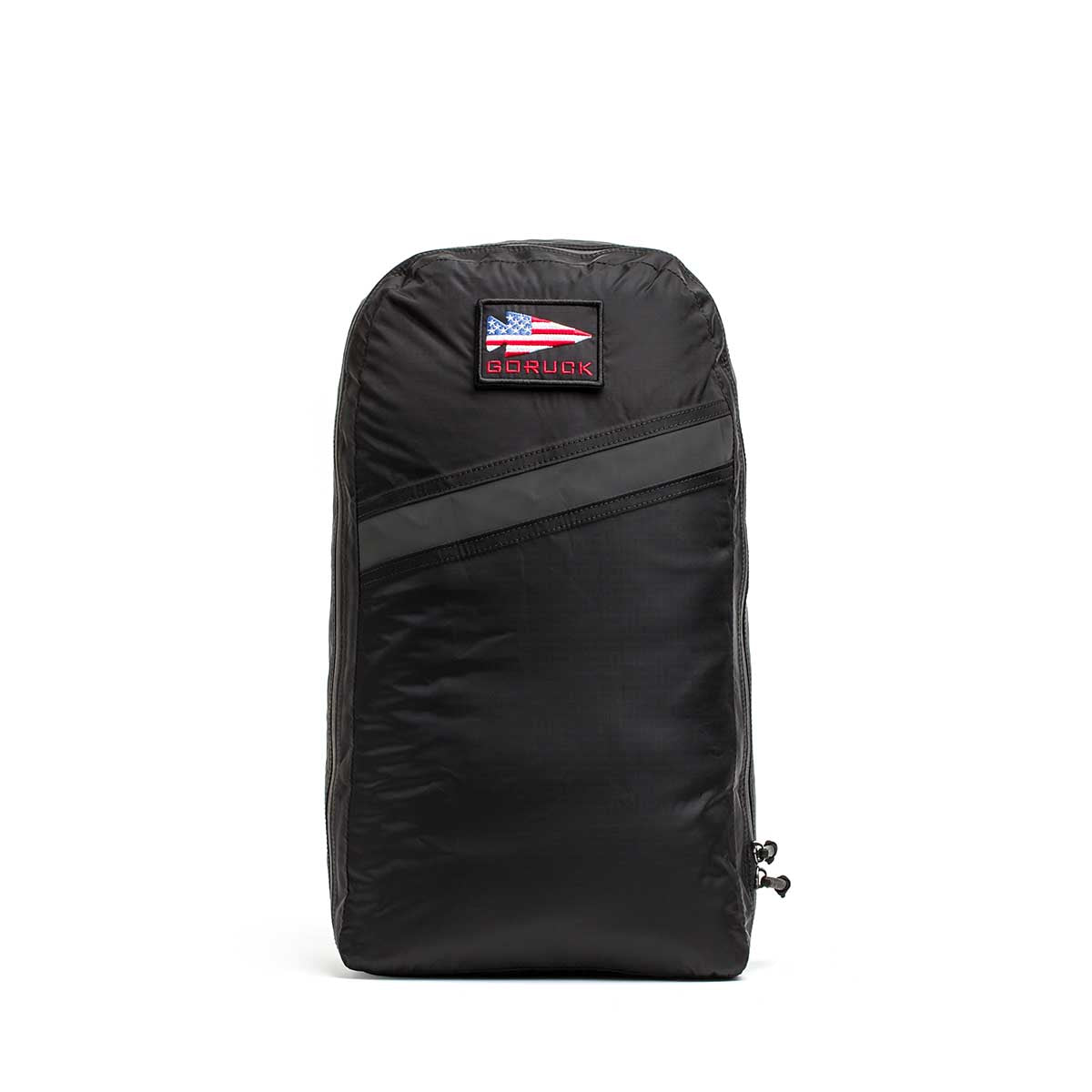 Black Packable Bullet Ruck - Ripstop ROBIC® travel backpack featuring a diagonal zipper and a front patch with the American flag and 