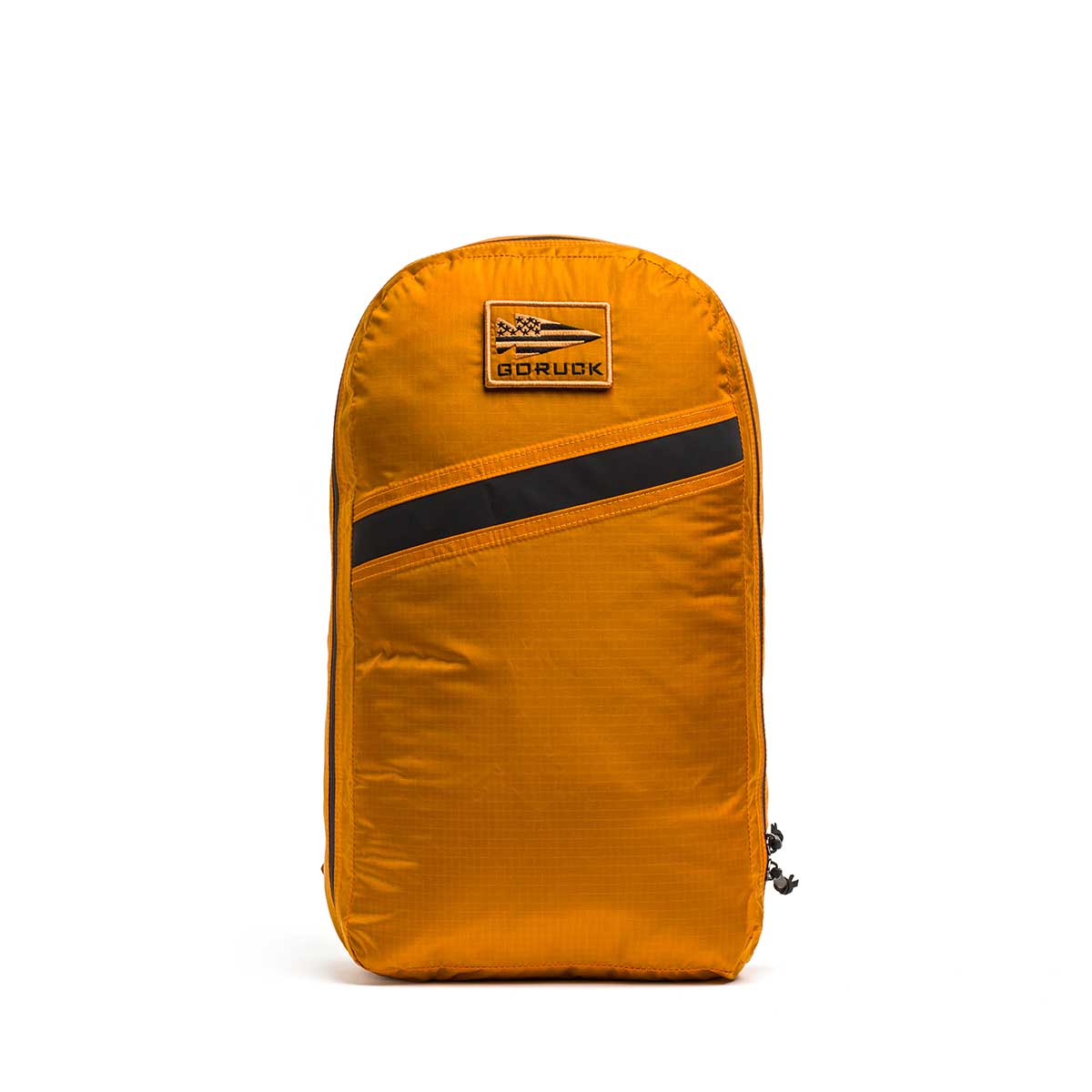 The Packable Bullet Ruck - Ripstop ROBIC® is a bright orange GORUCK lightweight travel backpack featuring a diagonal black stripe and logo patch, shown standing upright on a white background.
