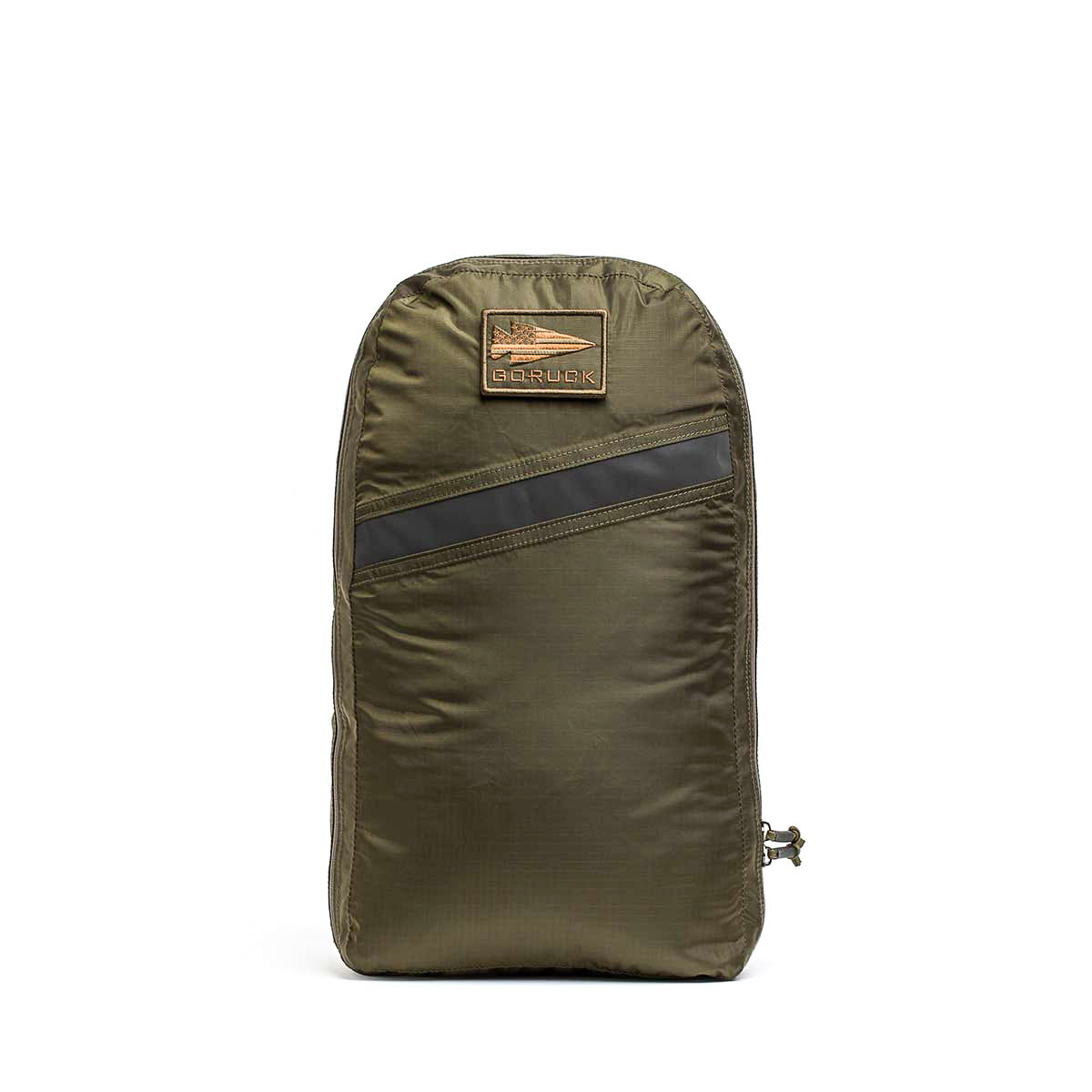 The Packable Bullet Ruck - Ripstop ROBIC® is an olive green lightweight travel backpack with a diagonal black stripe and a tan patch near the top, shown upright on a white background.