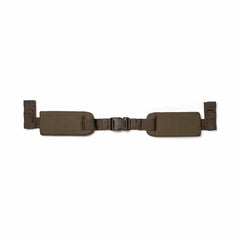 The Padded Hip Belt, brown in color, features MOLLE webbing, a plastic buckle, and adjustment clips on both ends. It is shown laid flat on a white background.