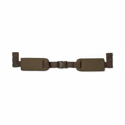 The Padded Hip Belt, brown in color, features MOLLE webbing, a plastic buckle, and adjustment clips on both ends. It is shown laid flat on a white background.
