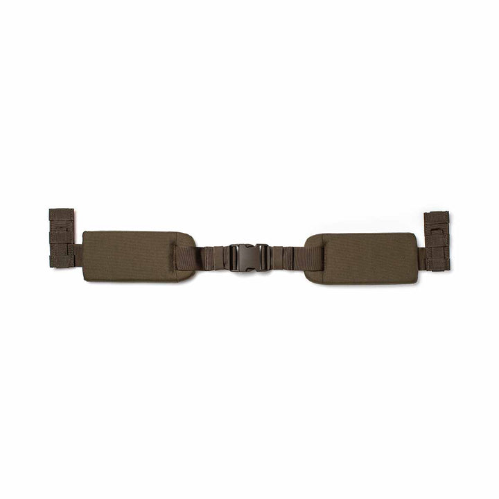 The Padded Hip Belt, brown in color, features MOLLE webbing, a plastic buckle, and adjustment clips on both ends. It is shown laid flat on a white background.