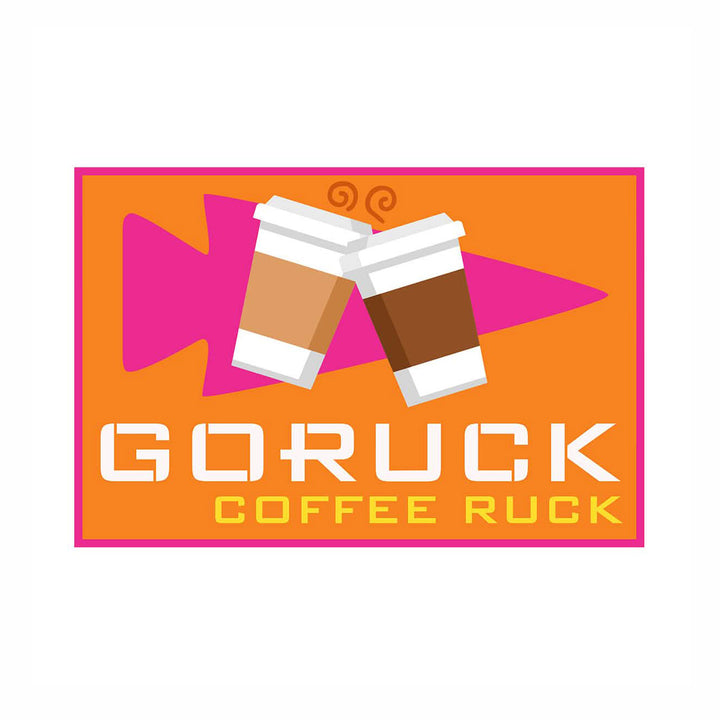 The "Patch - Coffee Ruck" showcases two coffee cups epitomizing the spirit of "GORUCK COFFEE RUCK" set against a lively orange and pink background, ideal for coffee shops aiming to energize their branding with a bold touch.