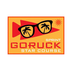 GORUCK Sprint Star Course patch with sunglasses, palm trees, and sun on an orange background.