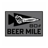 GORUCK patch with skeleton hand holding bottle, arrowhead design, text '80# Beer Mile' in black and gray.