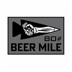 GORUCK patch with skeleton hand holding bottle, arrowhead design, text '80# Beer Mile' in black and gray.