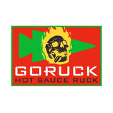 GORUCK Hot Sauce Ruck patch with flaming skull and green arrow on red background