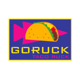 GORUCK Taco Ruck patch with yellow taco, pink arrow, blue background, bold text logo