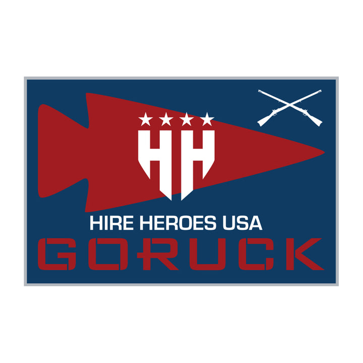 The Patch - Hire Heroes Civil War Anti-Virtual Challenge showcases a striking red spearhead, stars, and crossed rifles against a blue background, embodying the spirit of the event with Hire Heroes USA and GORUCK logos.