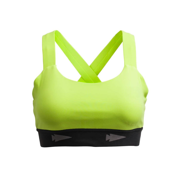 The Power Bra - Toughflex in neon green features a black band and cross-back straps, made from ToughStretch Fabric to provide support during high-impact activities.