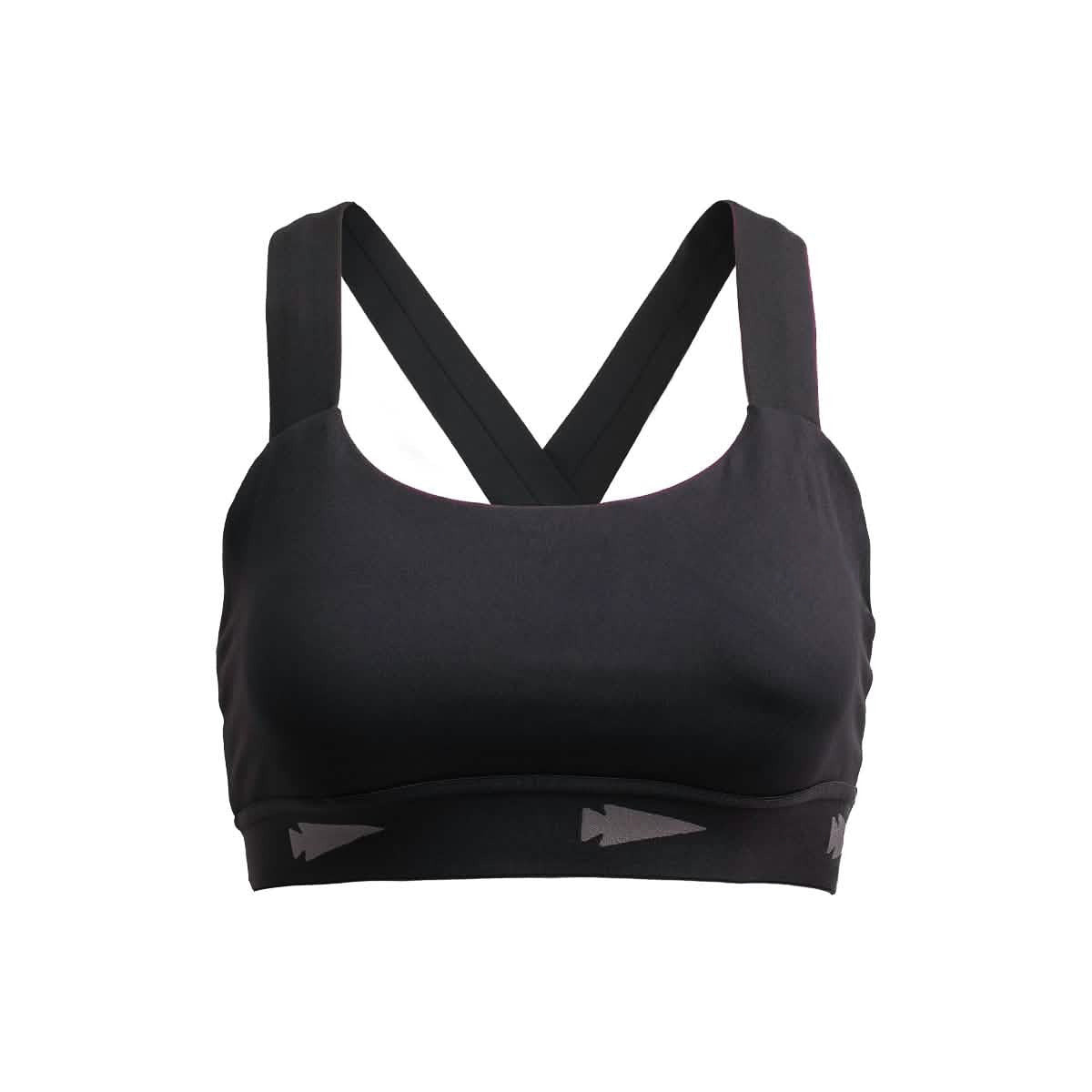 The Power Bra - Toughflex is a black sports bra featuring thick straps and an arrow design on the band, designed with ToughStretch Fabric for high-impact movements.