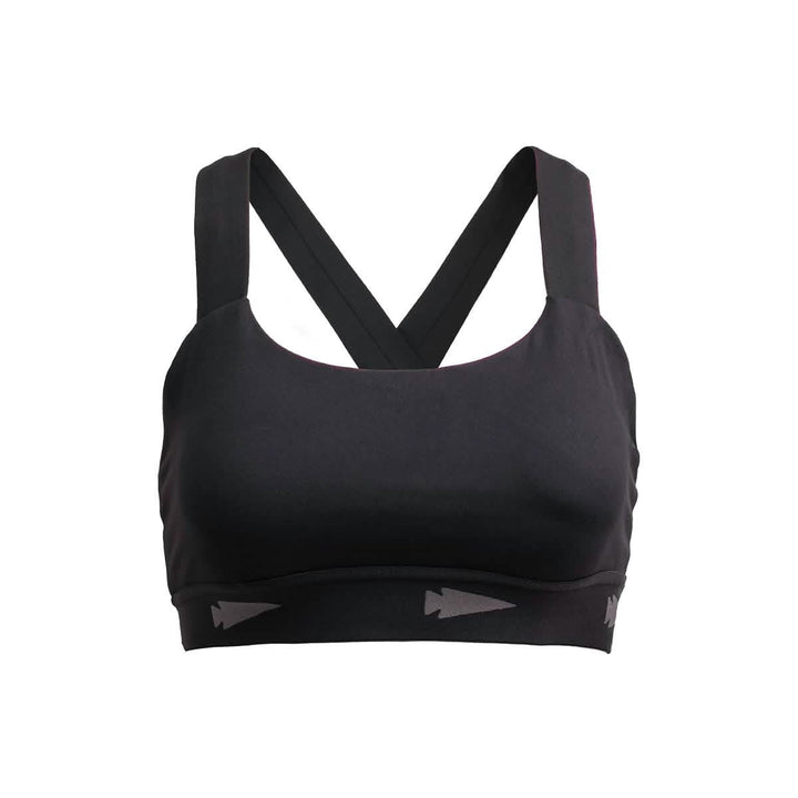 The Power Bra - Toughflex is a black sports bra featuring thick straps and an arrow design on the band, designed with ToughStretch Fabric for high-impact movements.