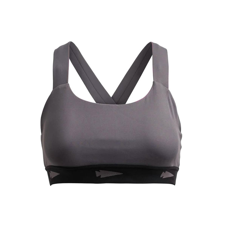 The Power Bra - Toughflex in gray features thick cross-back straps and a black band with a subtle arrow design, made from ToughStretch Fabric for high-impact activities.