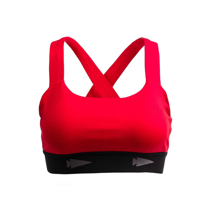 The Power Bra - Toughflex, in bright red, features ToughStretch Fabric with a black band and crisscross back straps, designed for high-impact movements. Displayed on a white background.