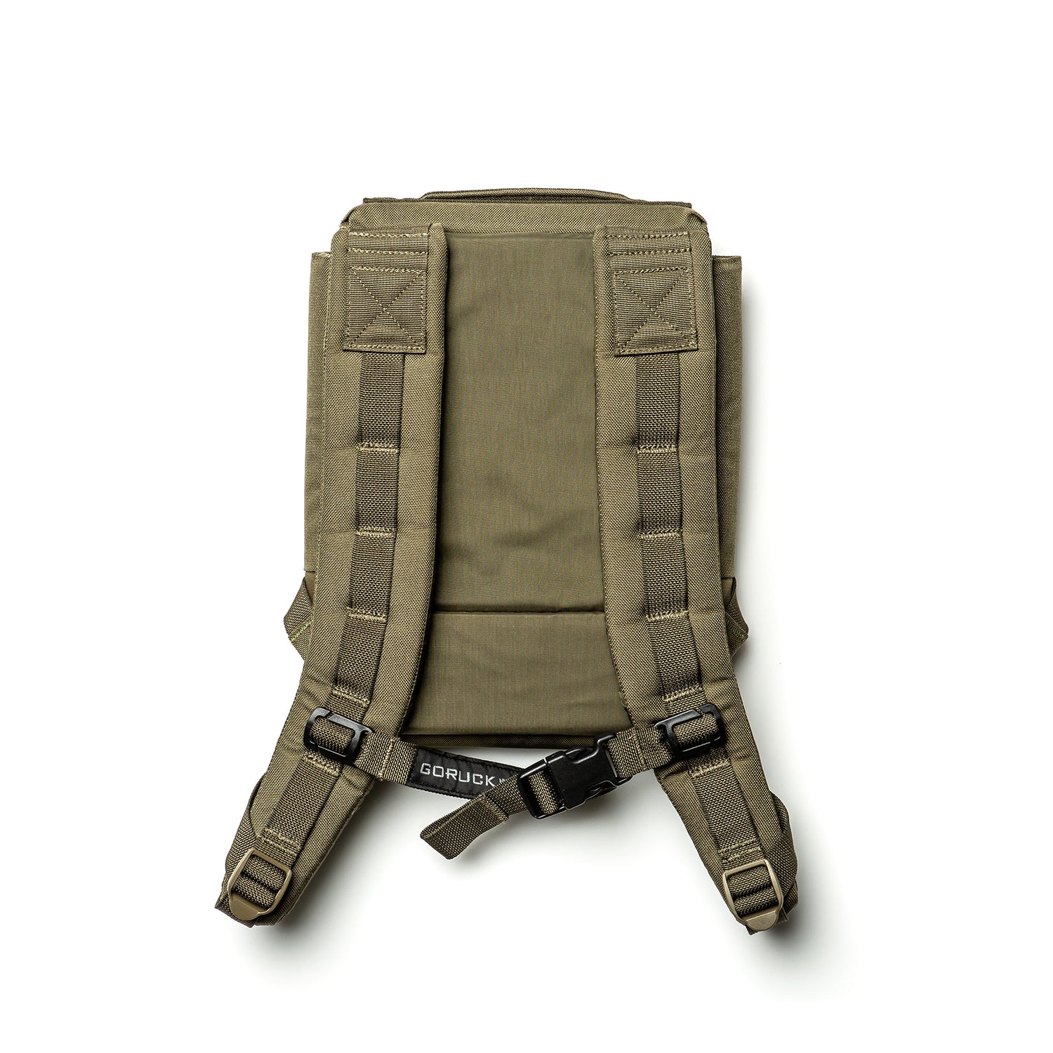 The olive green RPC 3.0 + 10lb Ruck Sandplate backpack, featuring padded shoulder straps and a buckle for weighted training, is shown from the back against a white background.