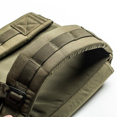 Close-up of RPC 3.0 + 10lb Ruck Sandplate olive green shoulder straps with black buckle, designed for use with a ruck sandplate, against a white background.