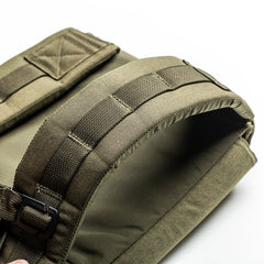 Close-up of an olive green RPC 3.0 + 10lb Ruck Sandplate strap with reinforced stitching and a black plastic buckle, perfect for weighted training.