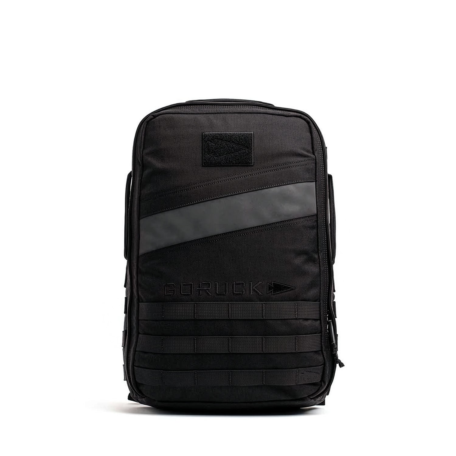 The Rucker 4.0 is a black rucking backpack with MOLLE webbing, a diagonal stripe, and 