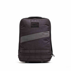 The Rucker 4.0 is a sleek black rucksack featuring a top handle, diagonal accent stripe, and front webbing detail.