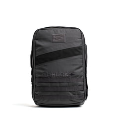 A black Rucker 4.0 rucksack stands upright against a white background, perfect as a training tool for rucking activities.