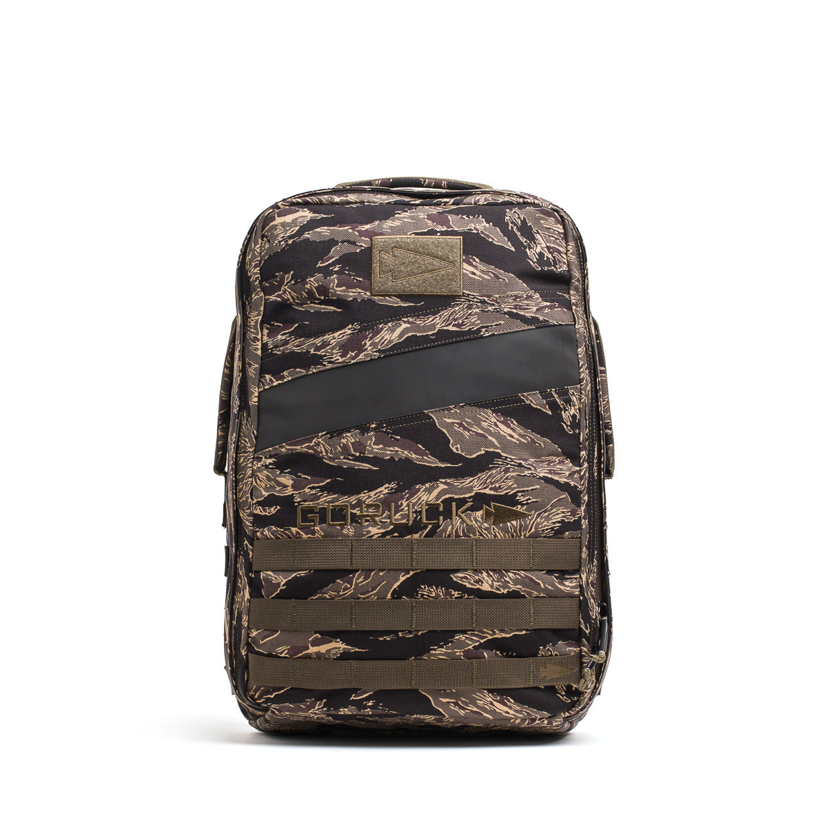 The Rucker 4.0, a brown and black camouflage rucksack with front straps and a rectangular patch, is ideal for rucking or as a fitness backpack, displayed against a white background.