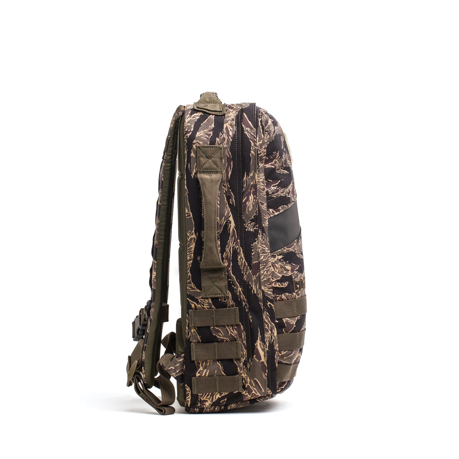 Side view of the Rucker 4.0, a camouflage-patterned rucking backpack with multiple straps and buckles, ruck plate compatible, shown against a white background.
