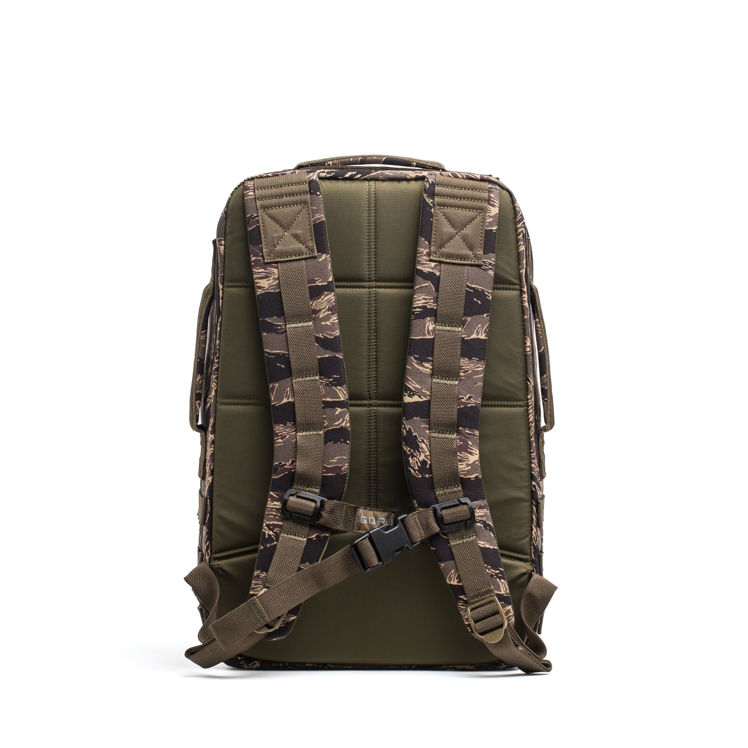 The Rucker 4.0 is an olive-green backpack with a padded back, camo-patterned straps, and a chest buckle, shown from the back; it's ruck plate compatible and ideal for weighted training.